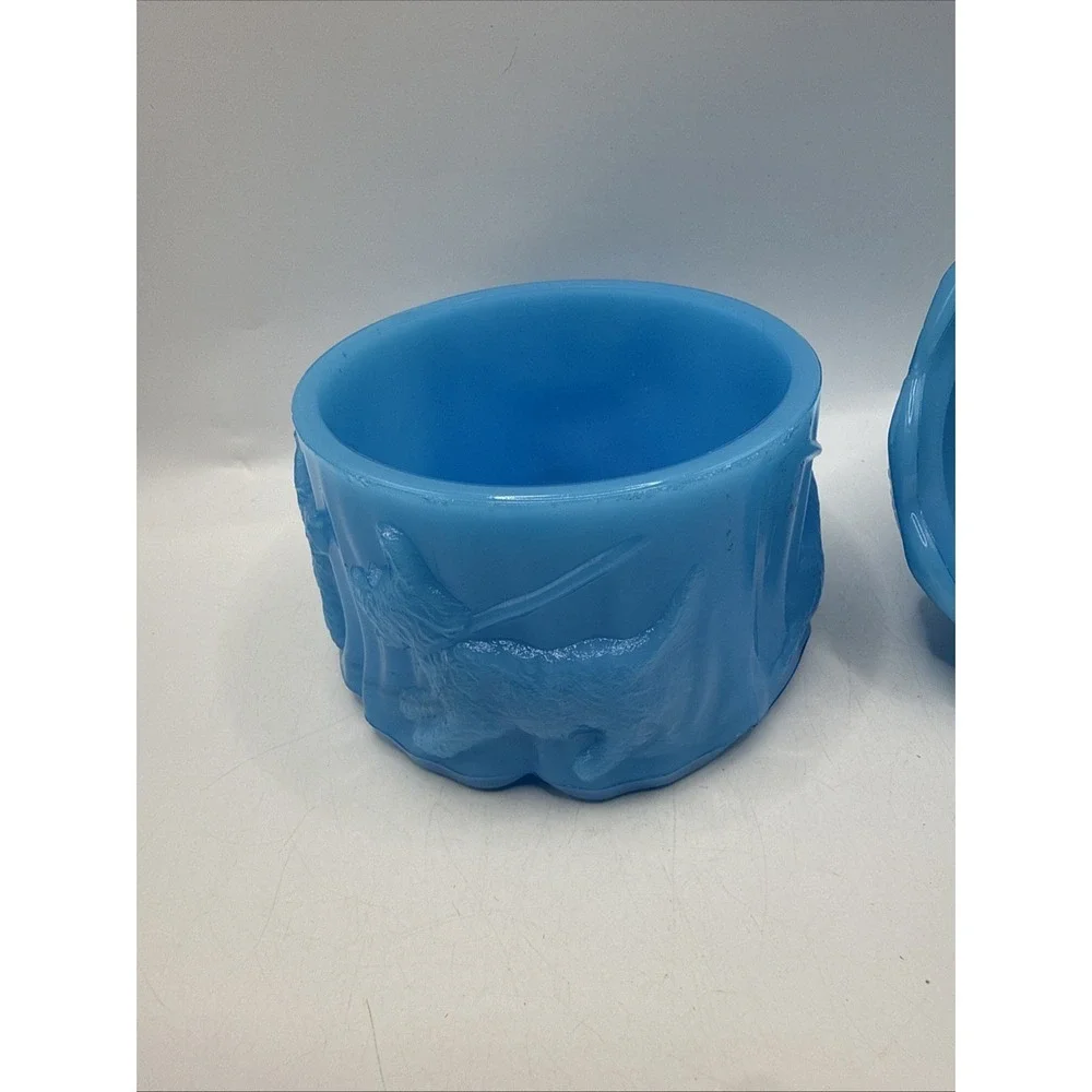Vtg Akro Agate SCOTTISH TERRIER Trinket Box Luscious Blue Slag Glass EUC
